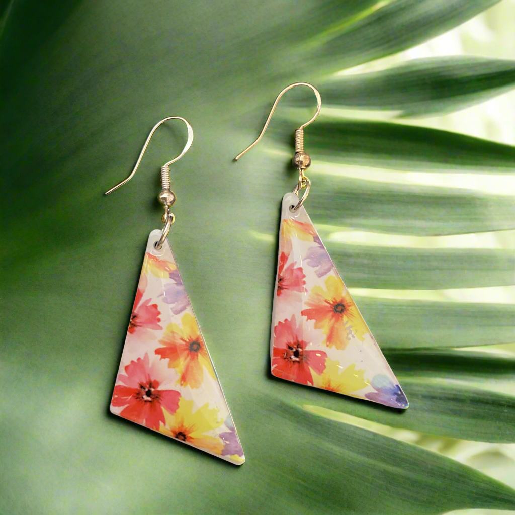 Floral drop earrings, white, red, yellow, blue