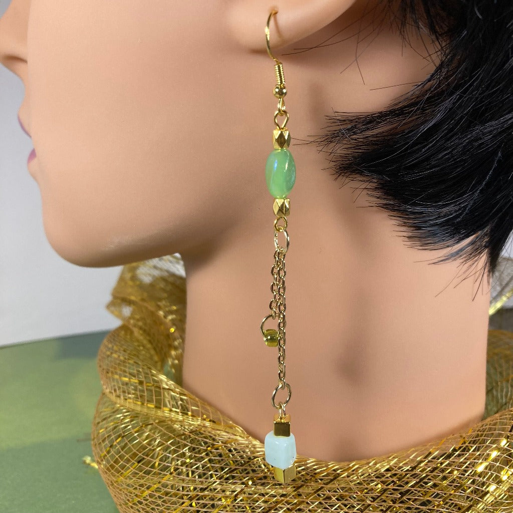 Extra Long, three shades of Green Dangle Earrings