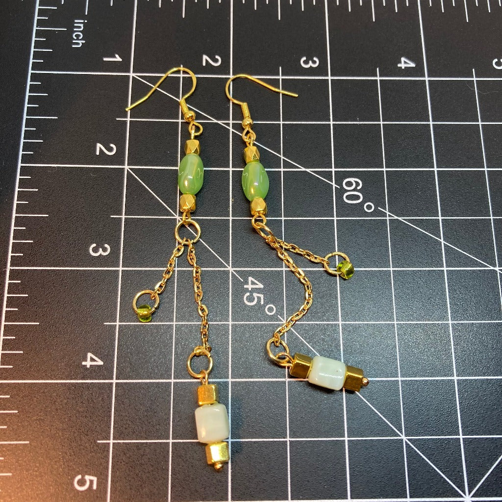 Extra Long, three shades of Green Dangle Earrings