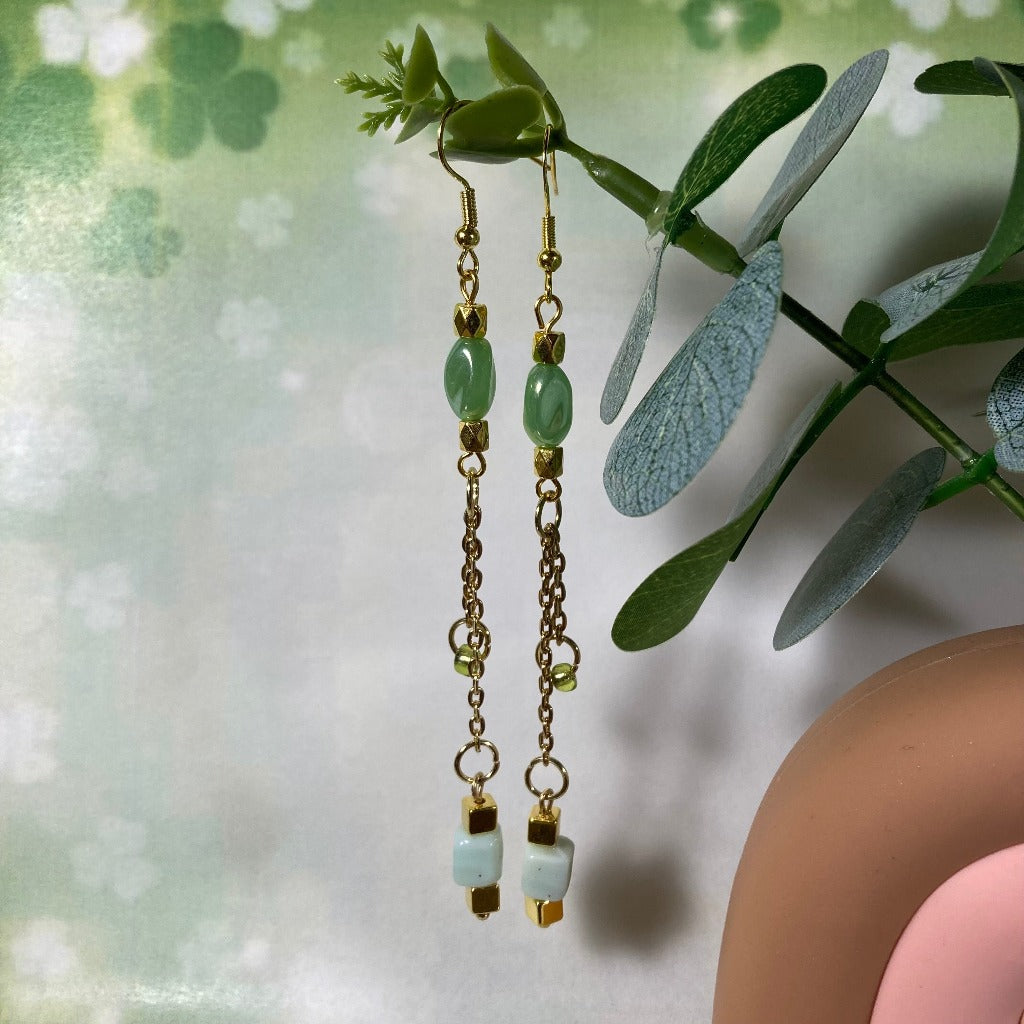 Extra Long, three shades of Green Dangle Earrings