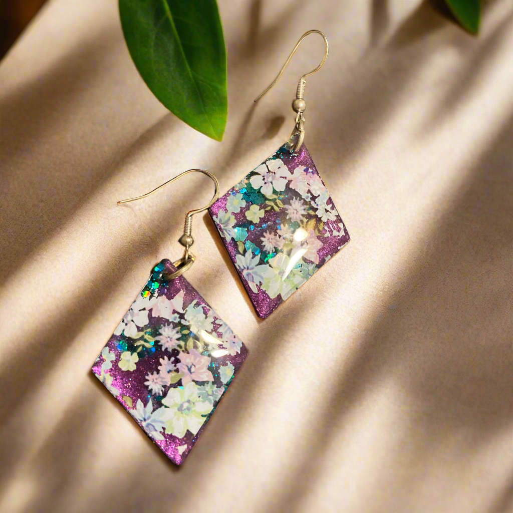 Floral drop earrings, blue and purple
