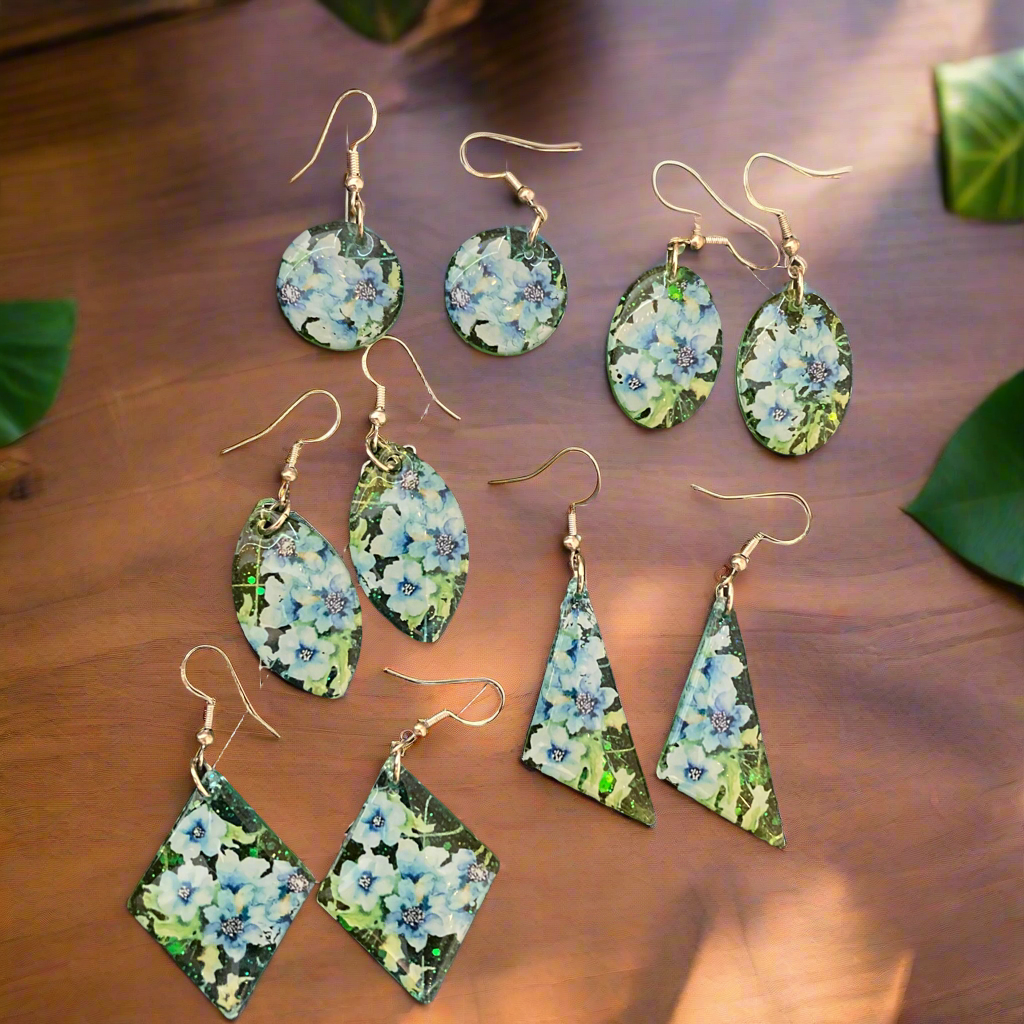 Floral drop earrings, green and blue