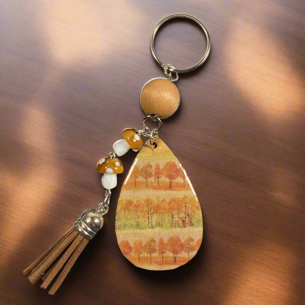 Keychain, purse charm, fall vibes, changing colored trees, mushrooms, wood