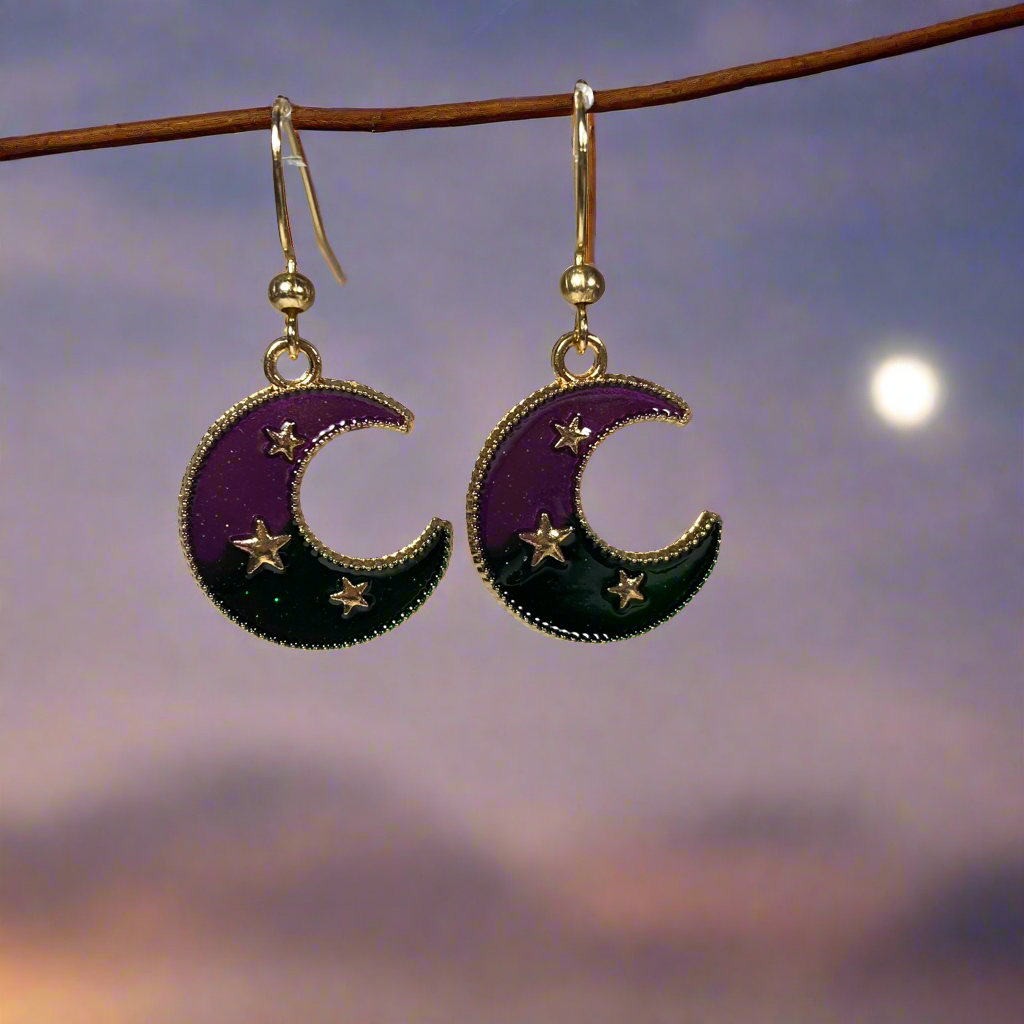 Moon Earrings, purple and green with stars