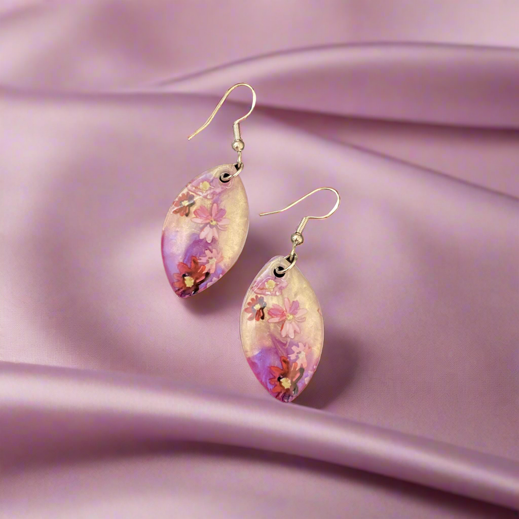 Floral drop earrings, purple