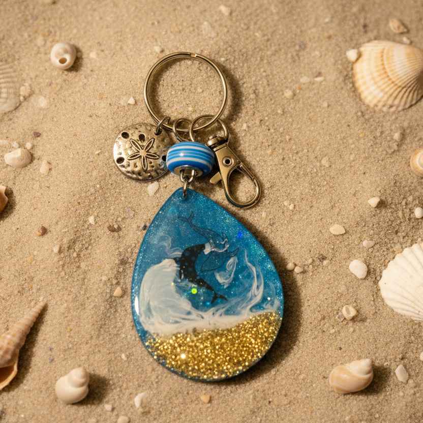 Keychain, purse charm, yin & yang dolphins, summer vibes