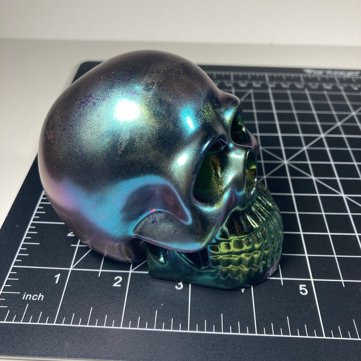 Decorative skull, chameleon green, fantasy, paper weight, office decor