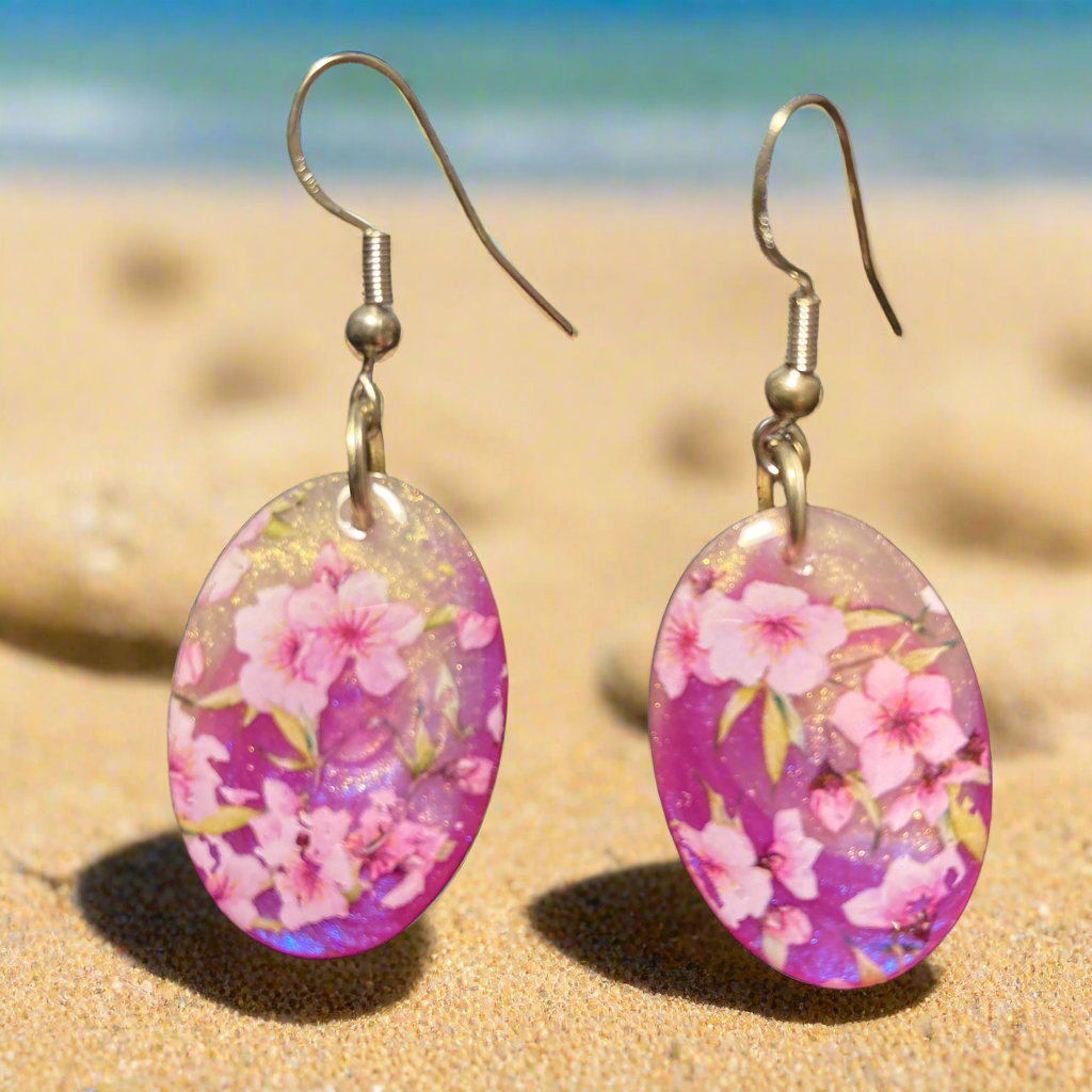 Floral drop earrings, pink