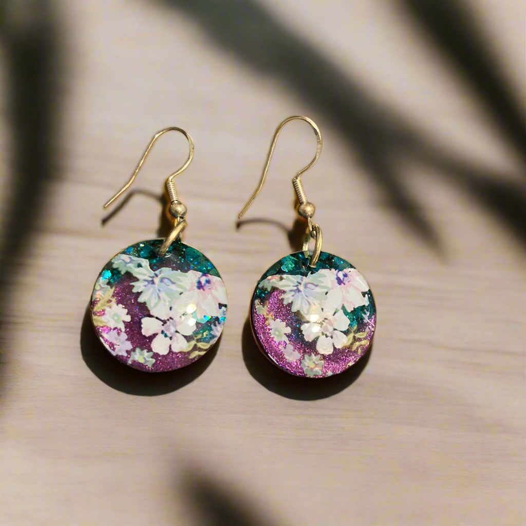 Floral drop earrings, blue and purple