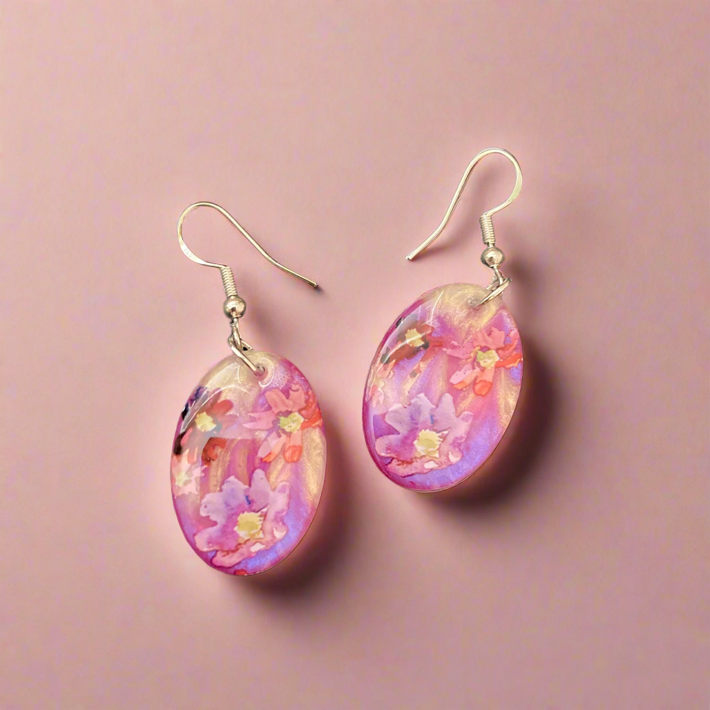 Floral drop earrings, purple
