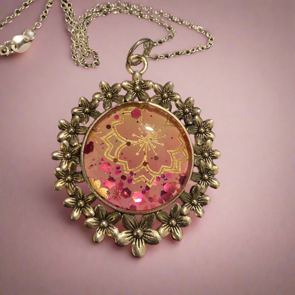 Necklace, pendant, pink poinsettia