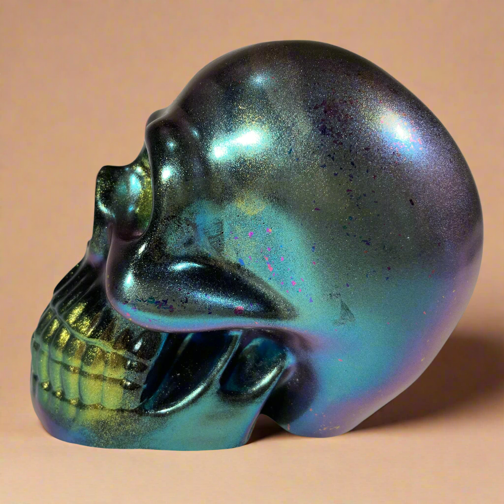 Decorative skull, chameleon green, fantasy, paper weight, office decor