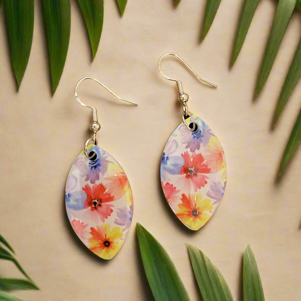 Floral drop earrings, white, red, yellow, blue