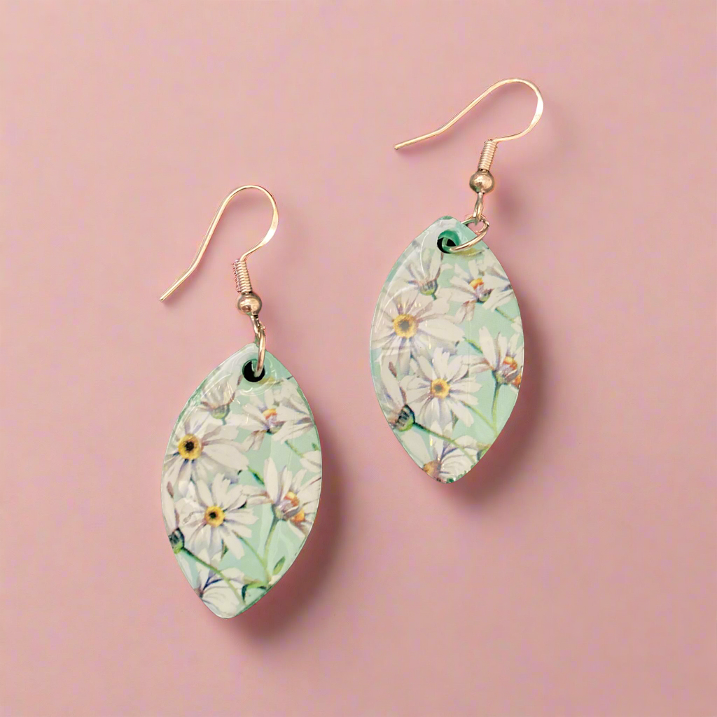Floral drop earrings, white, green