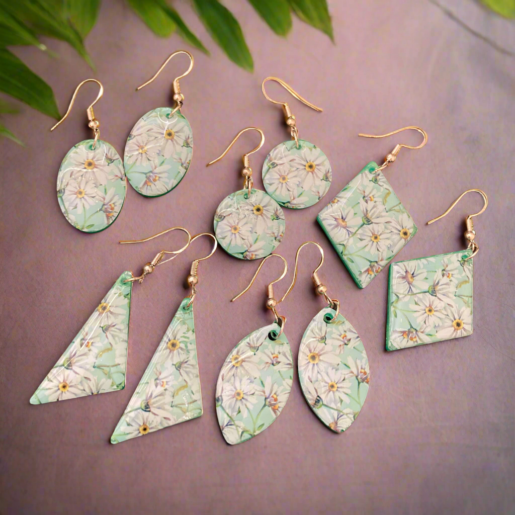 Floral drop earrings, white, green