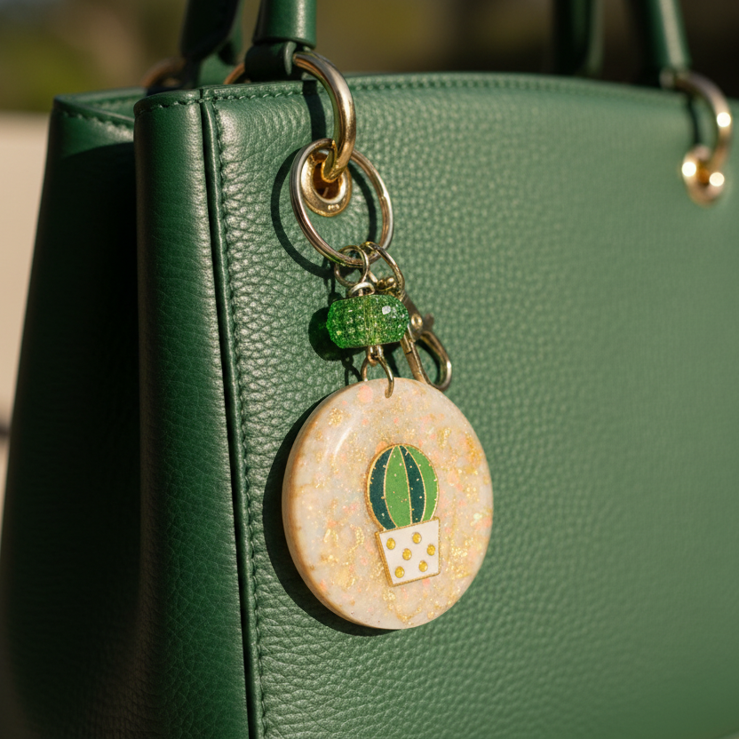 Keychain, bag charm, round, cactus