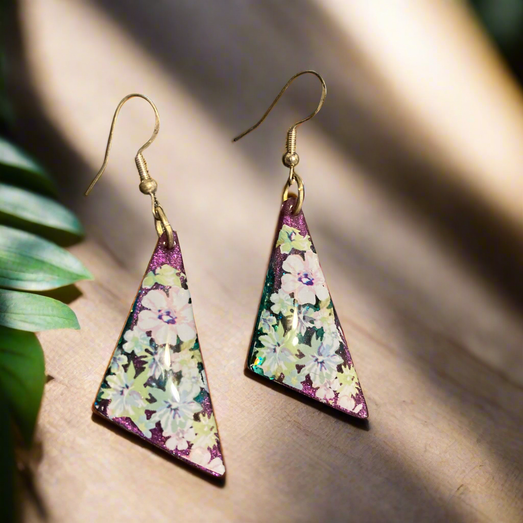 Floral drop earrings, blue and purple