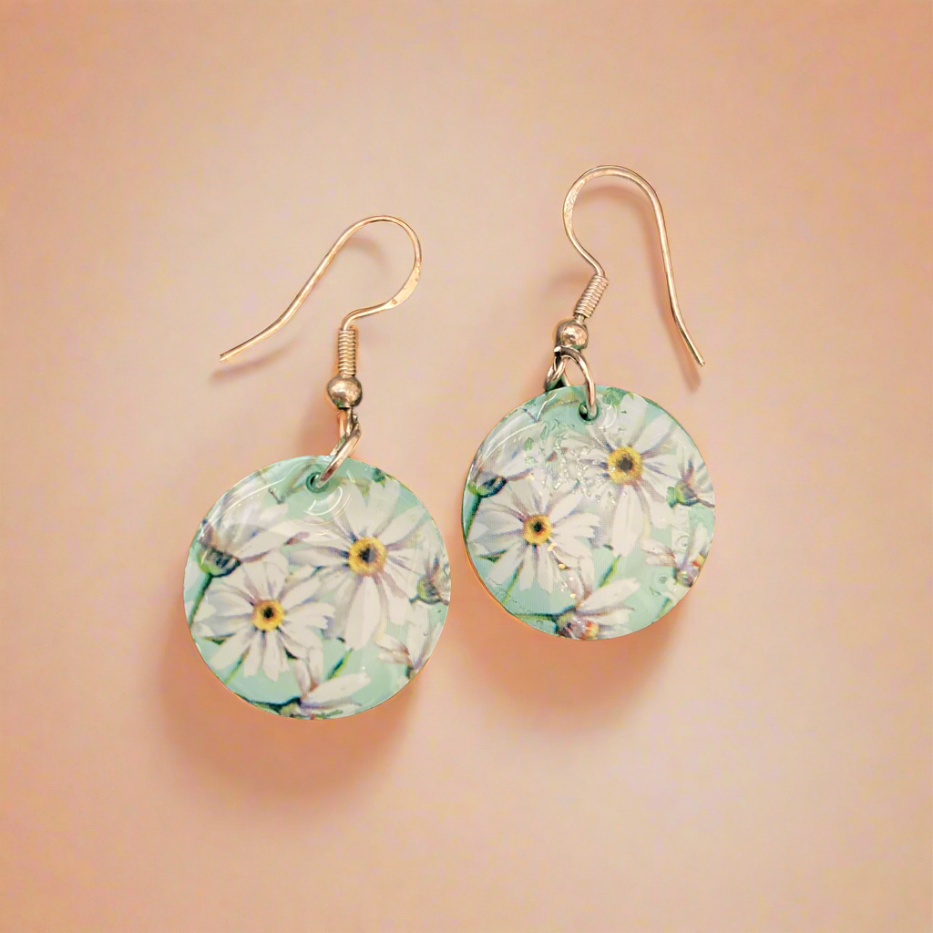 Floral drop earrings, white, green
