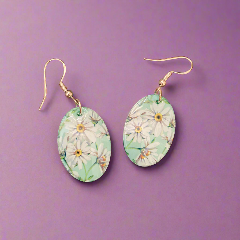 Floral drop earrings, white, green