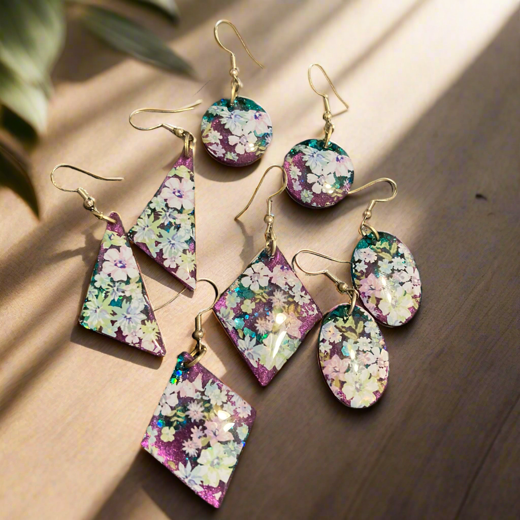 Floral drop earrings, blue and purple