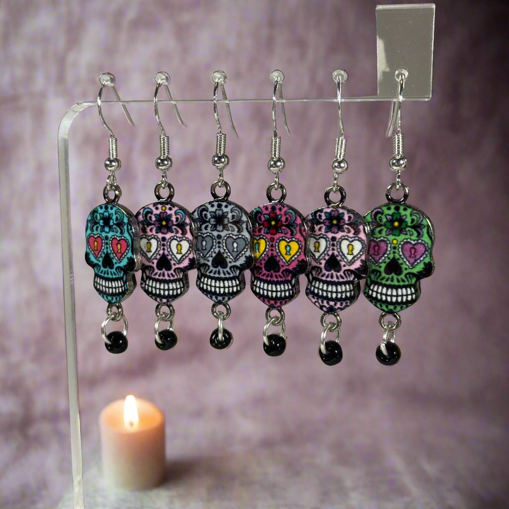 Sugar skulls earrings with black bead