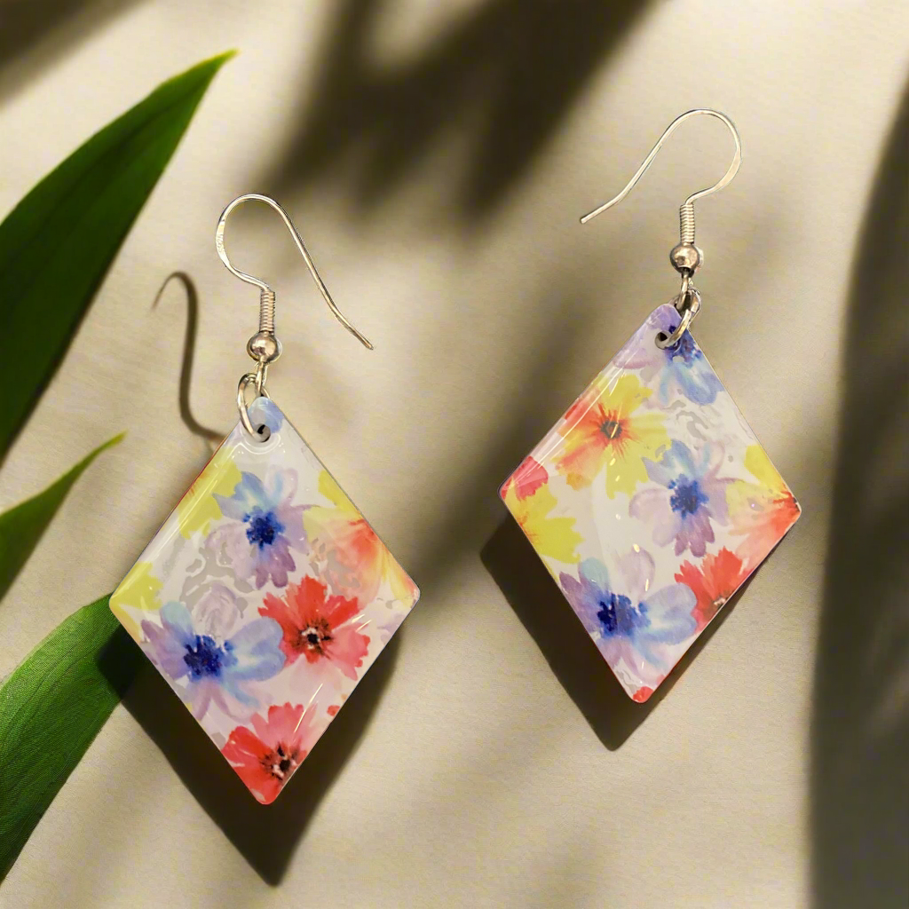 Floral drop earrings, white, red, yellow, blue