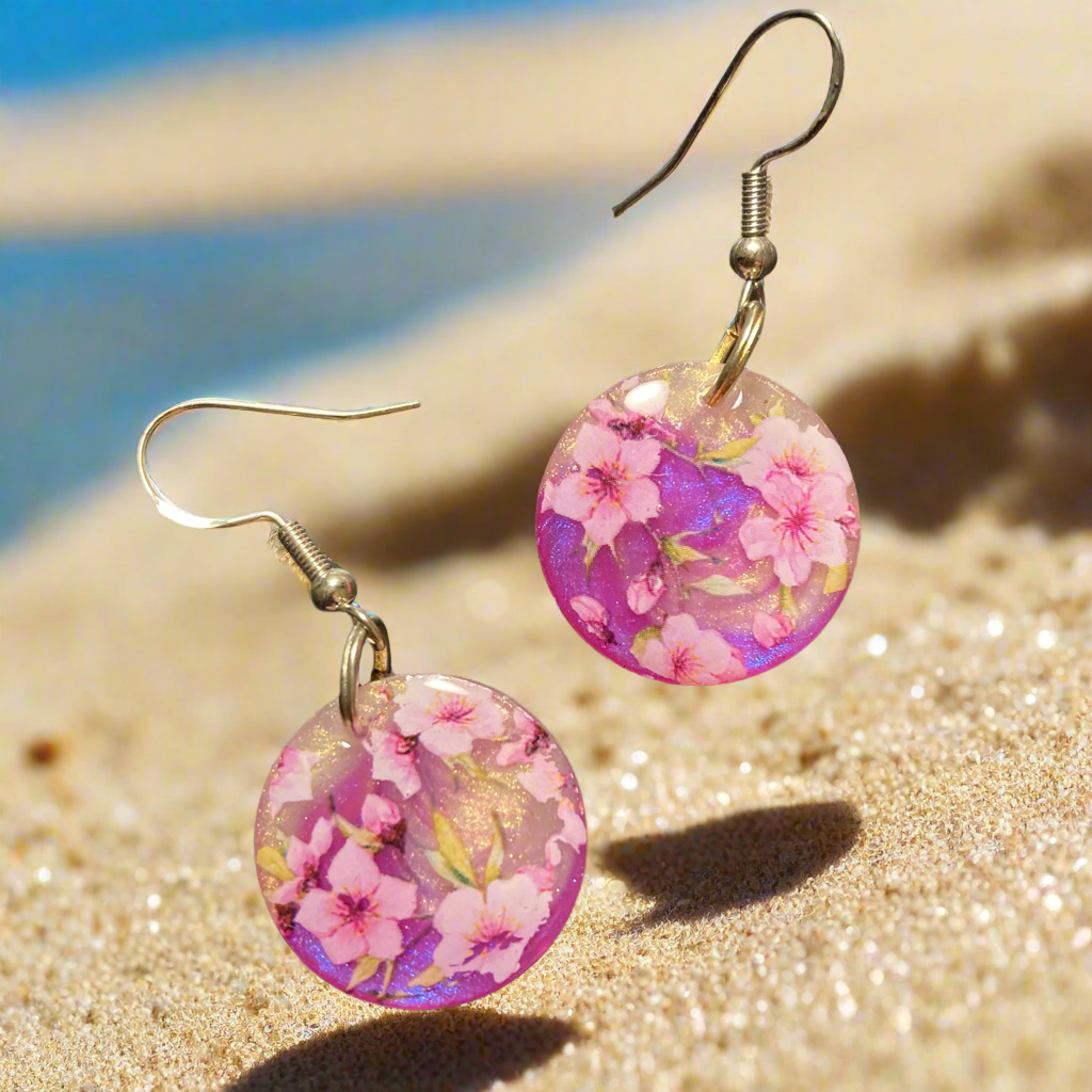 Floral drop earrings, pink