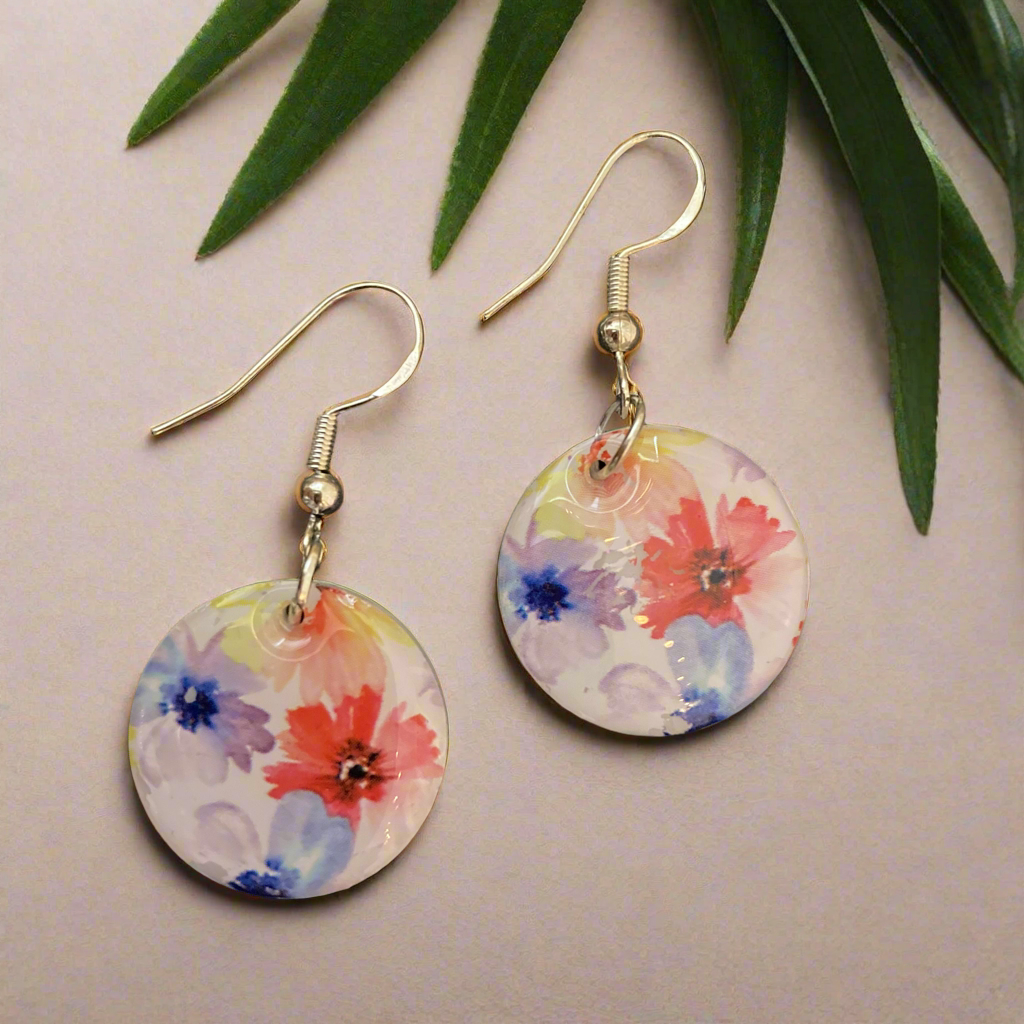 Floral drop earrings, white, red, yellow, blue