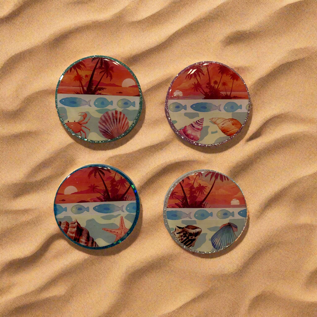 Magnets, sunset, island, ocean, fish, sea shells, starfish, summer vibes