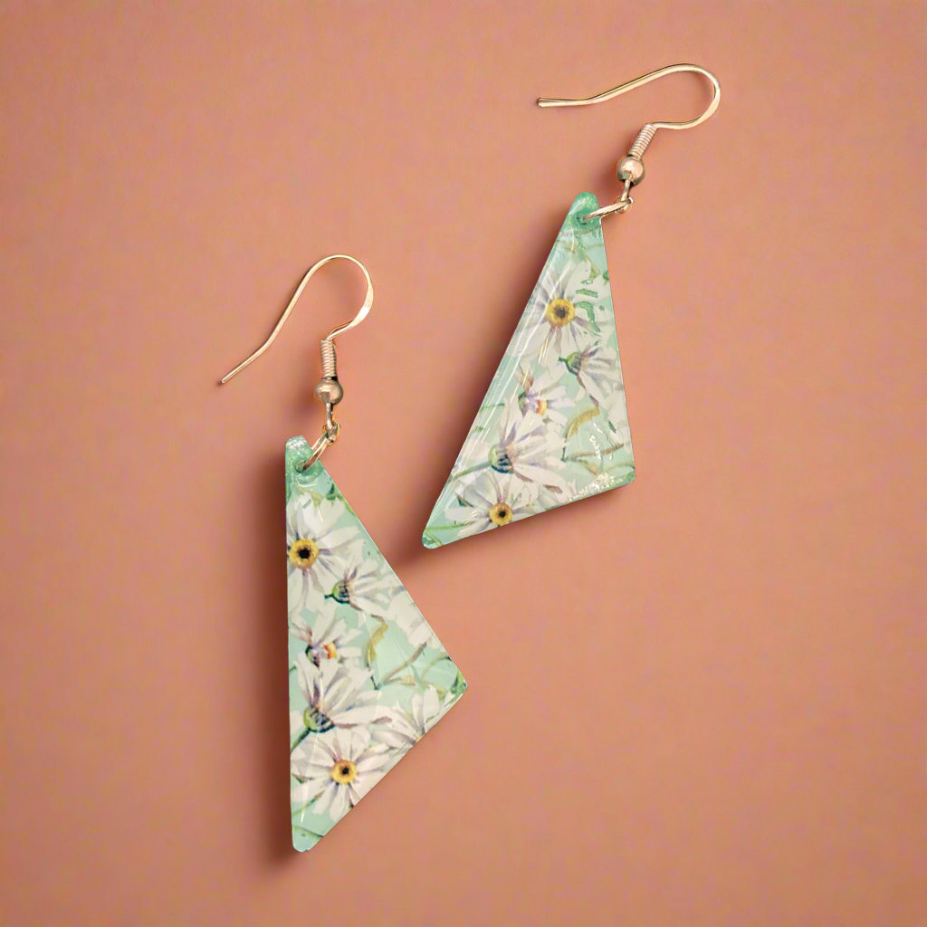 Floral drop earrings, white, green