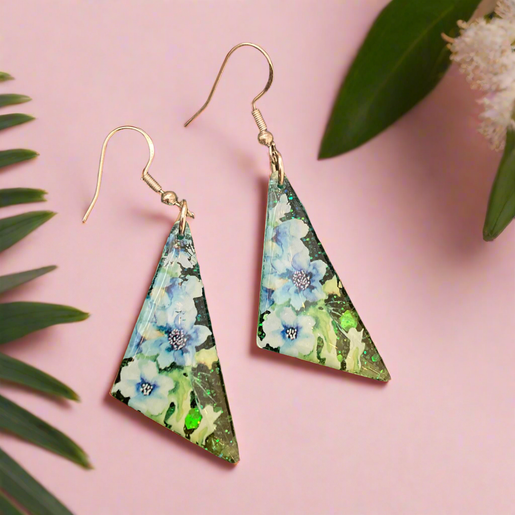 Floral drop earrings, green and blue