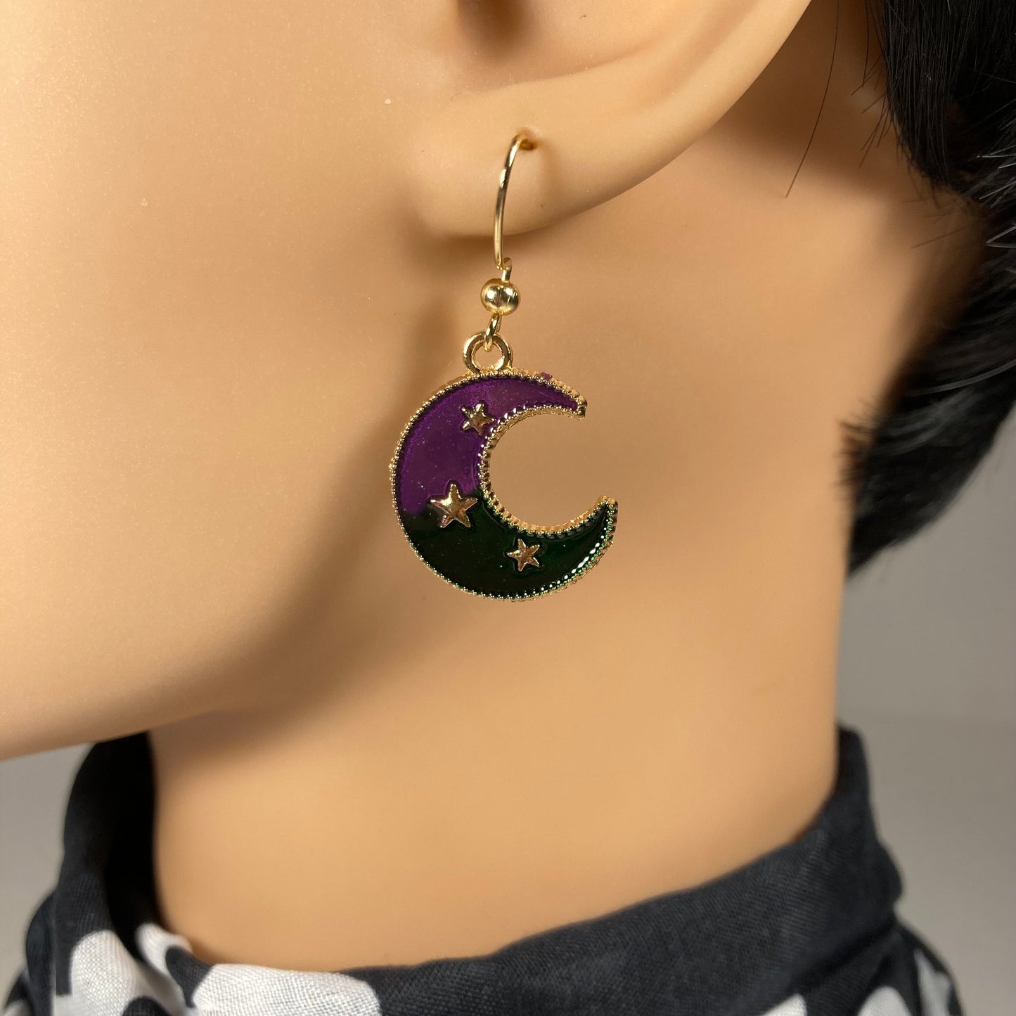 Moon Earrings, purple and green with stars