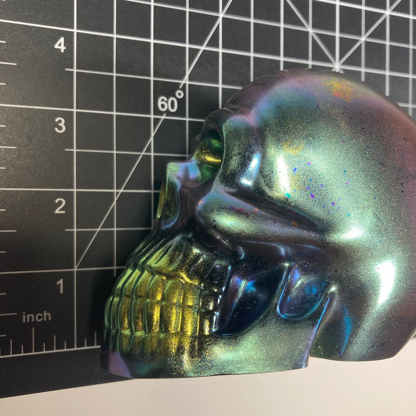 Decorative skull, chameleon green, fantasy, paper weight, office decor