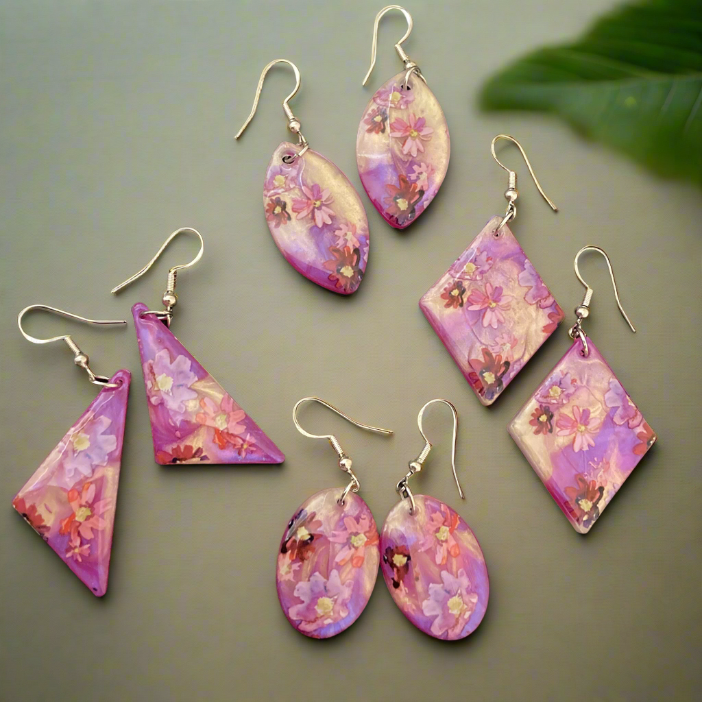 Floral drop earrings, purple
