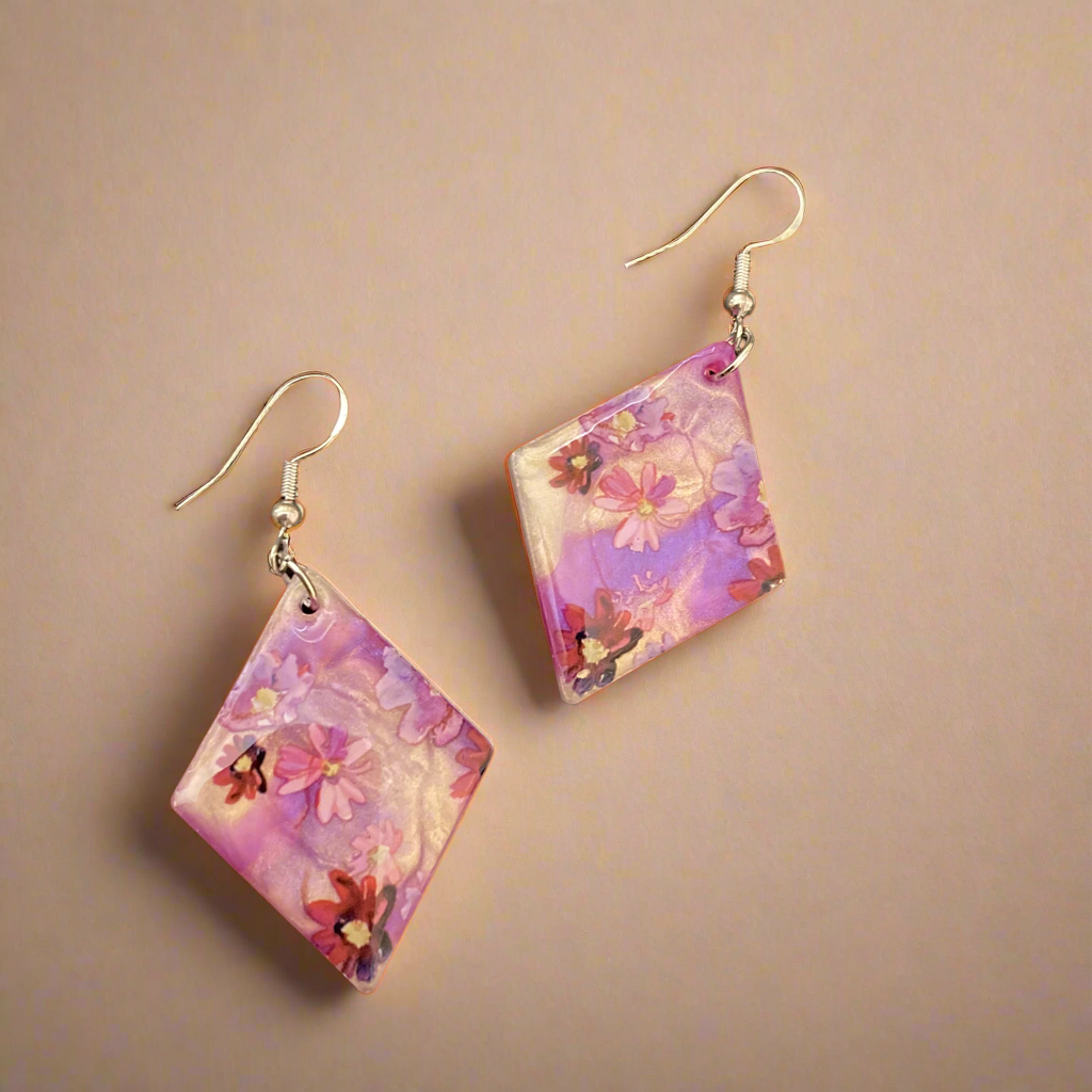 Floral drop earrings, purple
