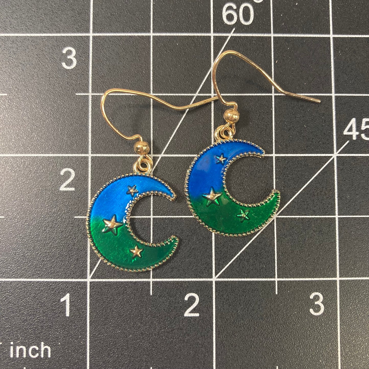 Moon earrings with stars, green and blue