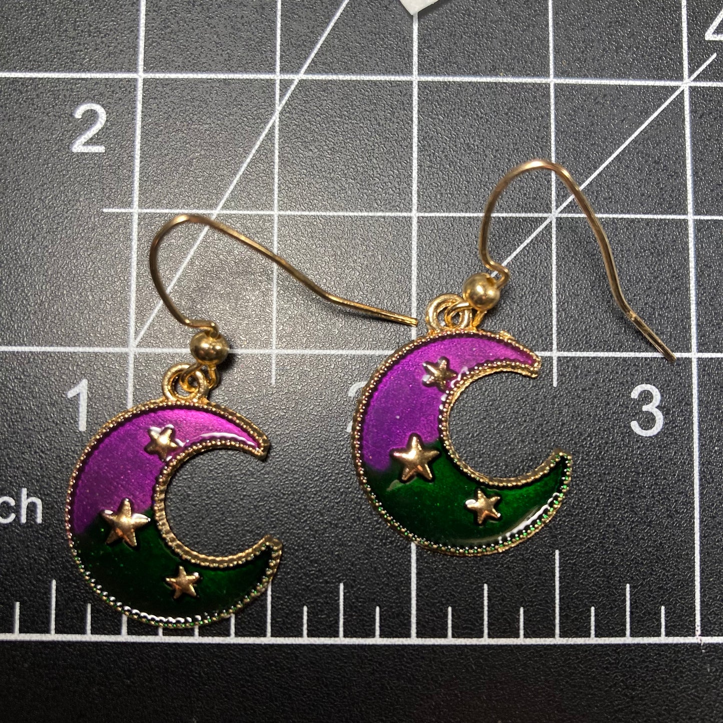 Moon Earrings, purple and green with stars