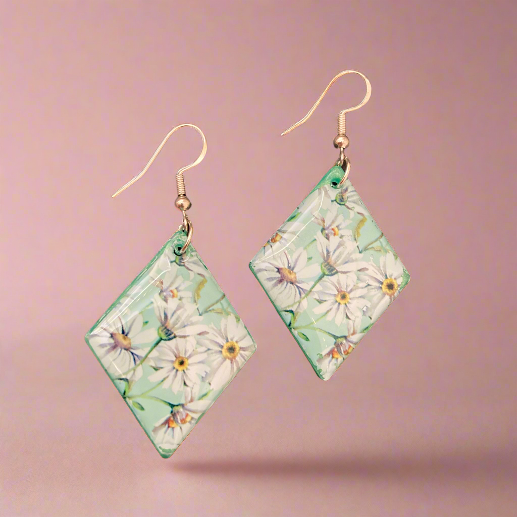 Floral drop earrings, white, green