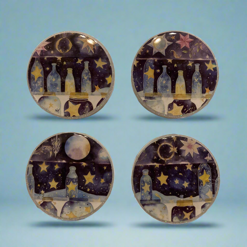Magnets, starry Night, moon, stars, Bottles