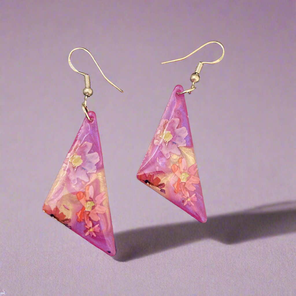 Floral drop earrings, purple