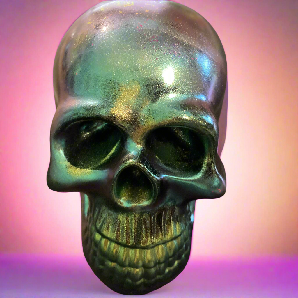 Decorative skull, chameleon green, fantasy, paper weight, office decor