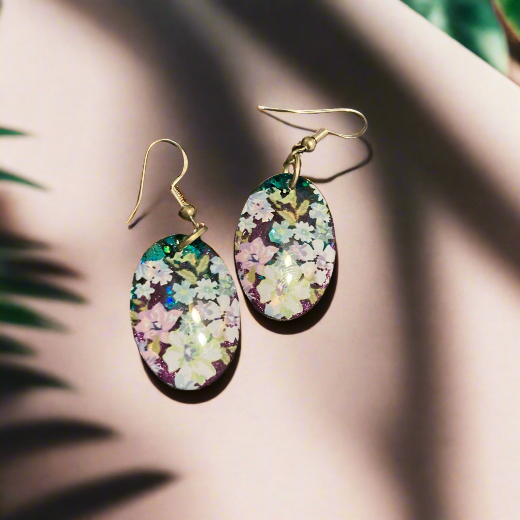 Floral drop earrings, blue and purple