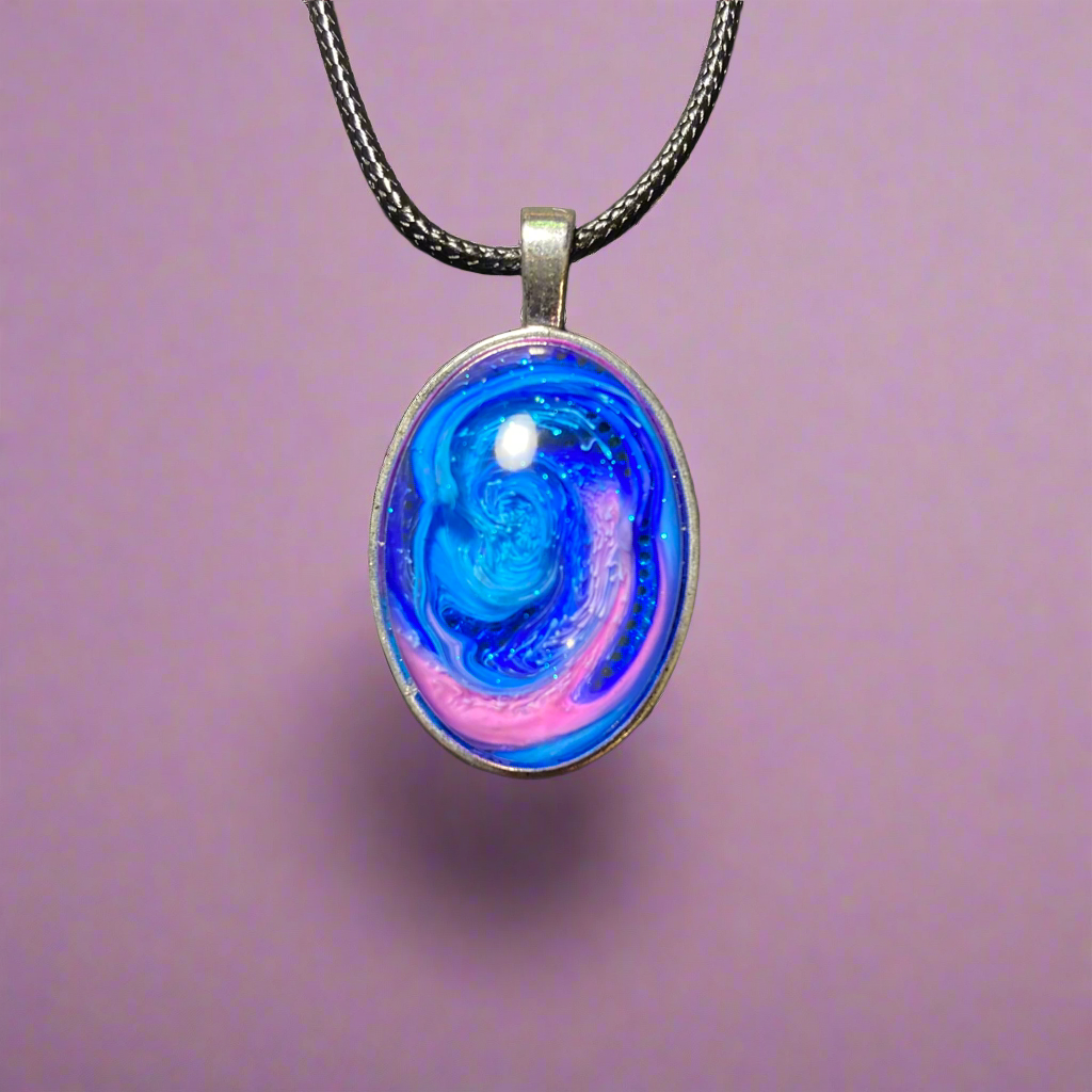 Galaxy necklace, pink & blue, small oval