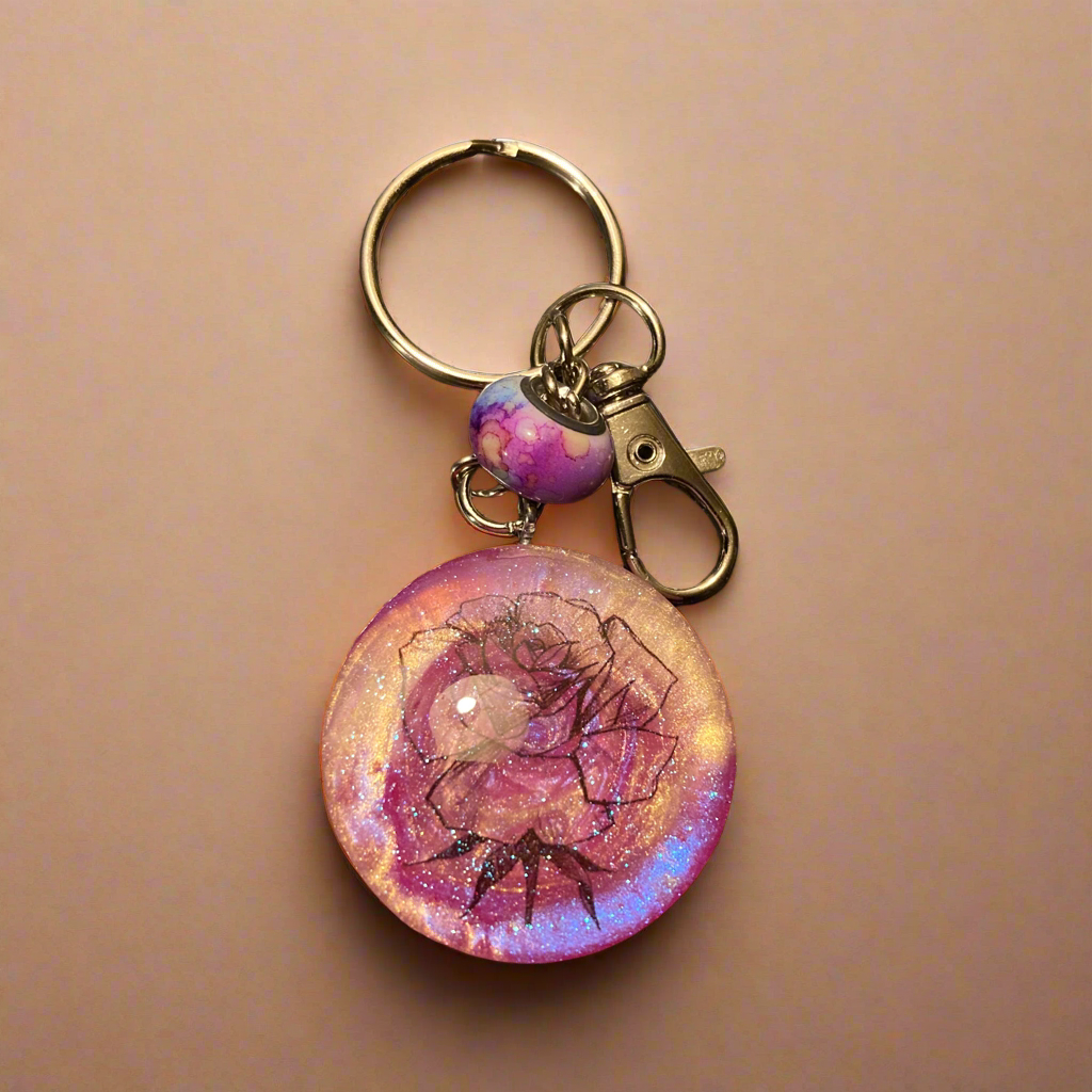 Keychain, bag charm, rose tattoo, pink