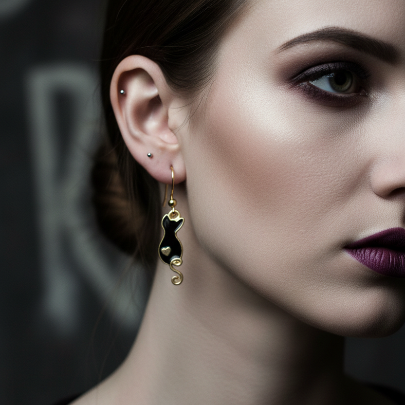 Black cat earrings, chat noir