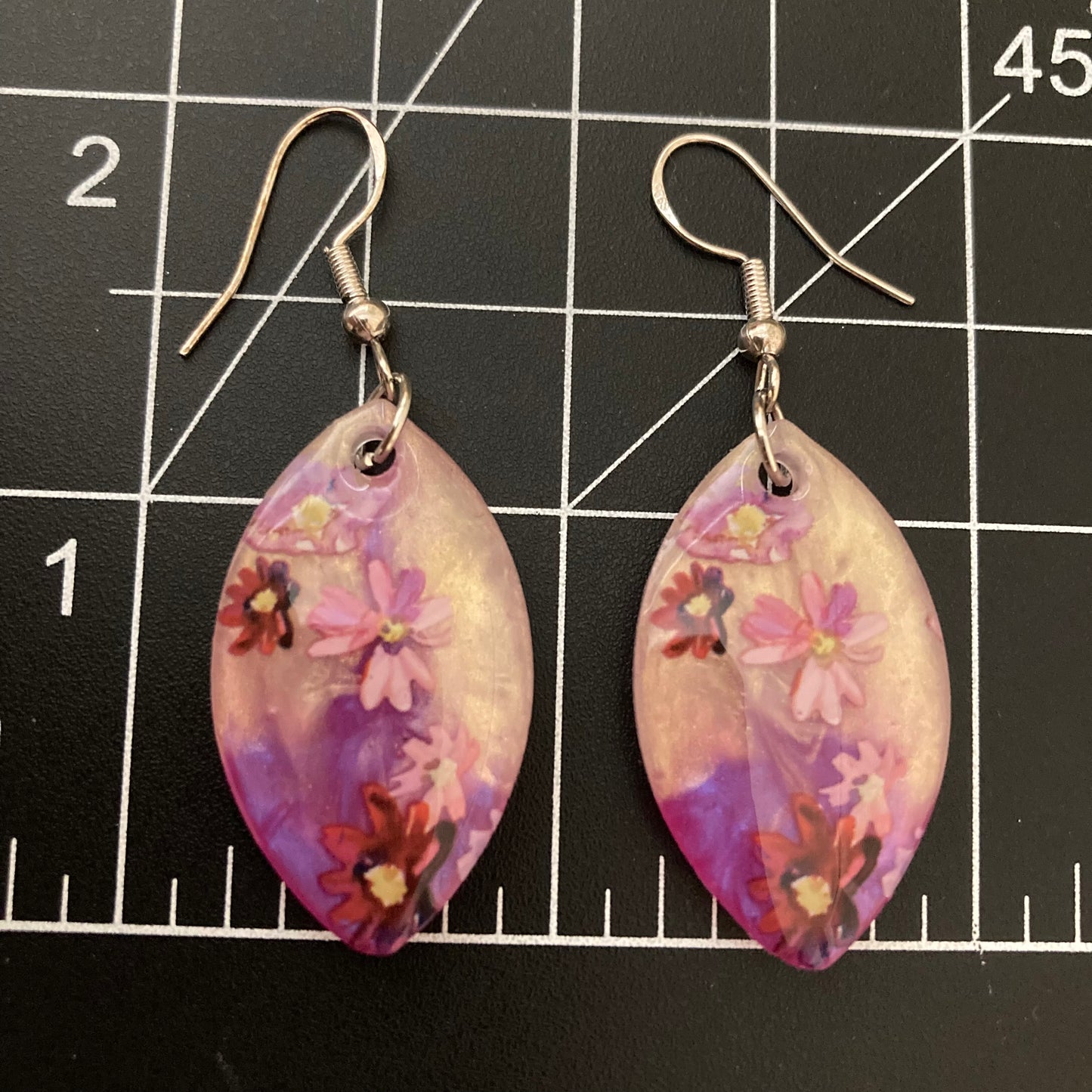 Floral drop earrings, purple