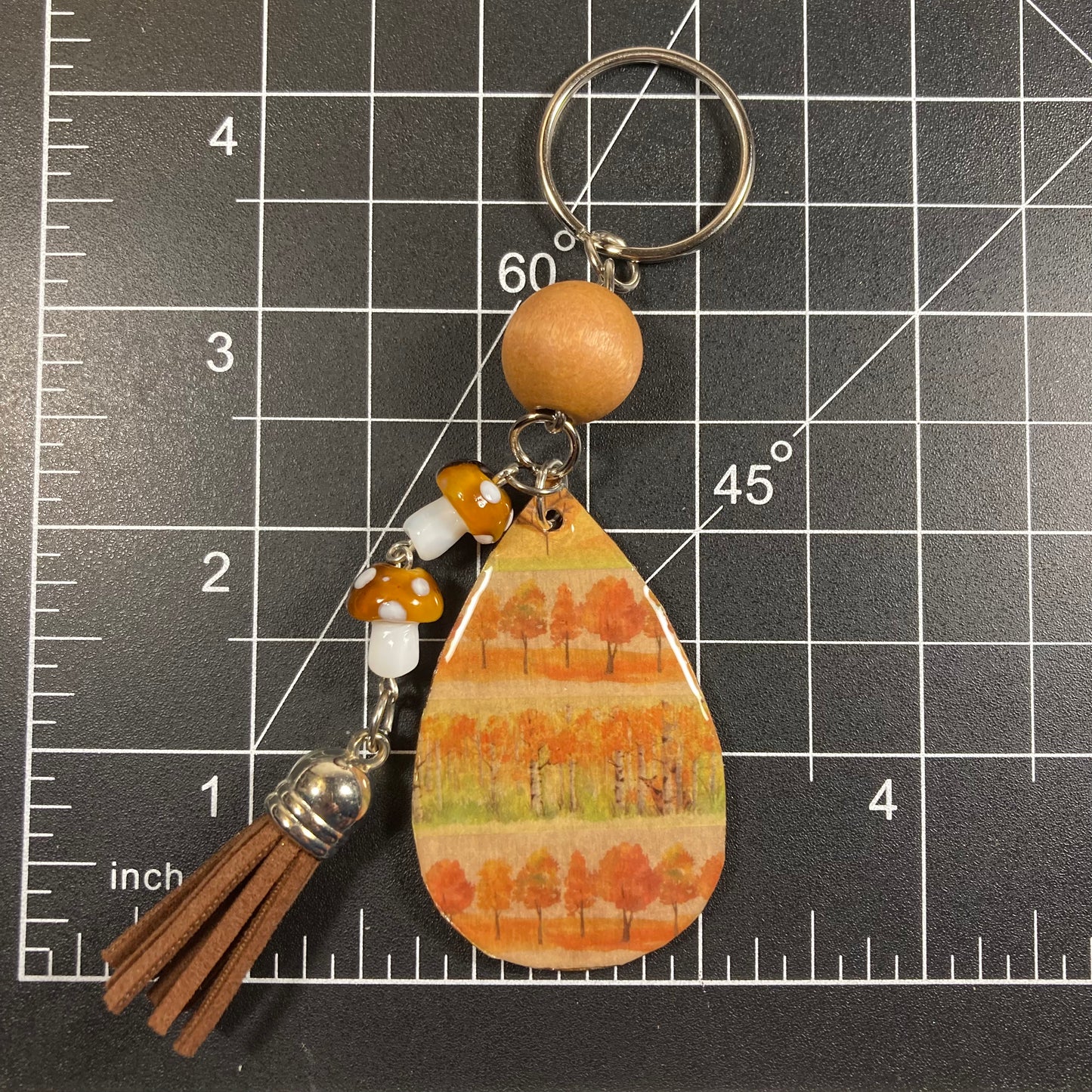 Keychain, purse charm, fall vibes, changing colored trees, mushrooms, wood
