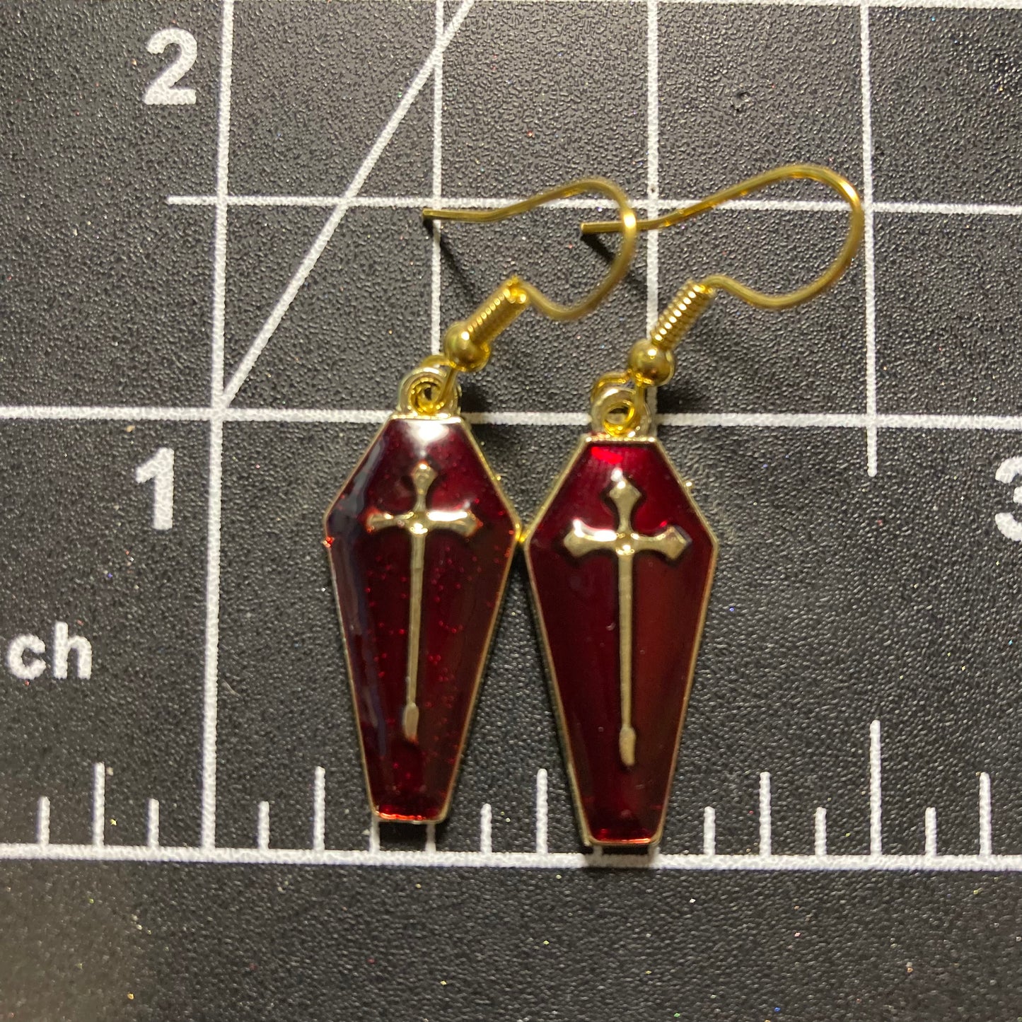 Halloween Earrings, blood red/gold coffin