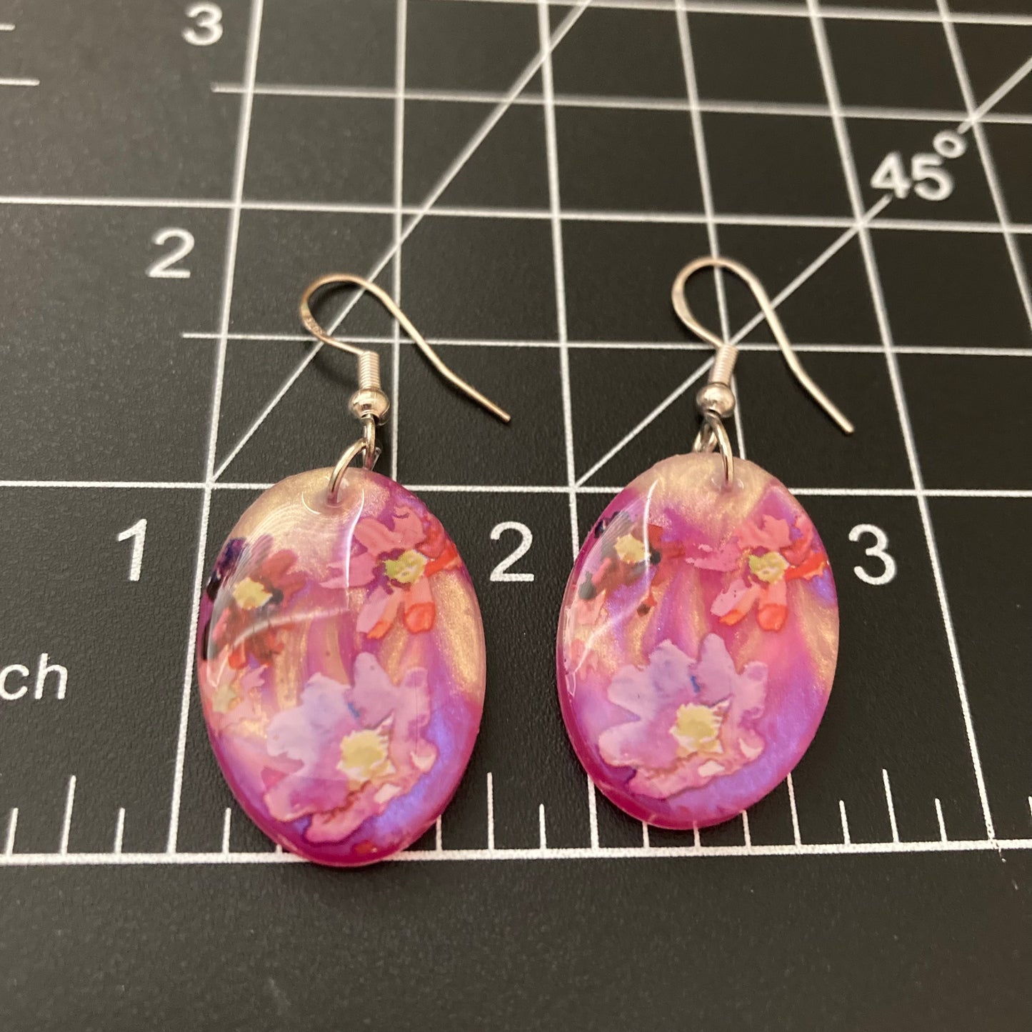 Floral drop earrings, purple