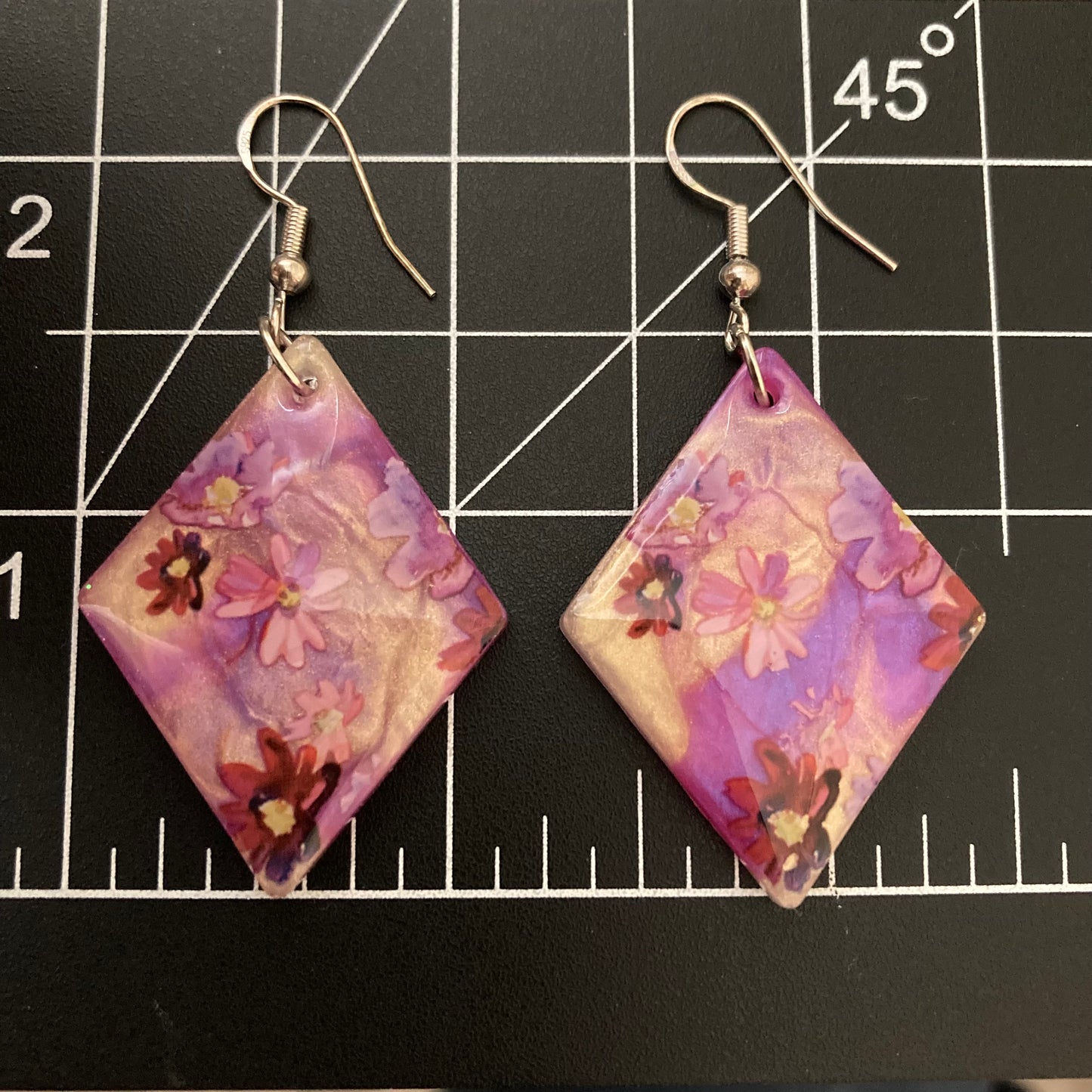 Floral drop earrings, purple